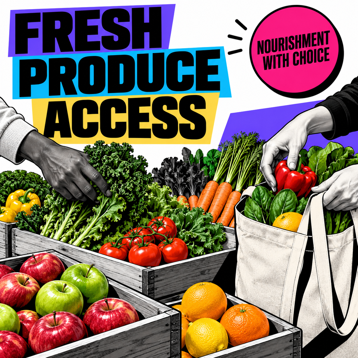 Nita’s Food Access Network food distribution featuring fresh produce, baked goods, and prepared foods, with the message “Food Security Is Community Care.”