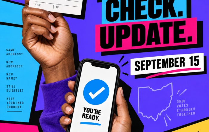Diverse Cleveland residents appear in a colorful neo-brutalist design promoting National Voter Registration Day on September 15.