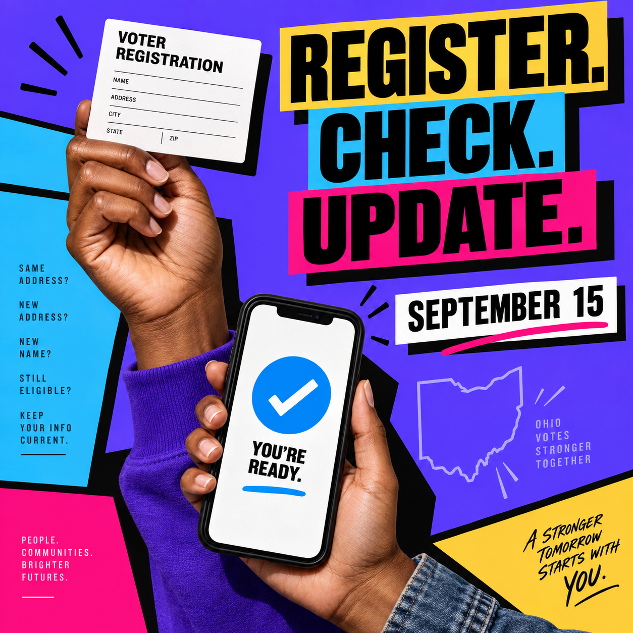 Diverse Cleveland residents appear in a colorful neo-brutalist design promoting National Voter Registration Day on September 15.