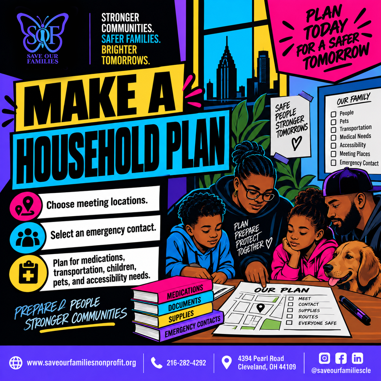 Save Our Families preparedness graphic showing a family creating an emergency plan together. Text encourages households to choose meeting locations, select an emergency contact, and plan for medications, transportation, children, pets, and accessibility needs.