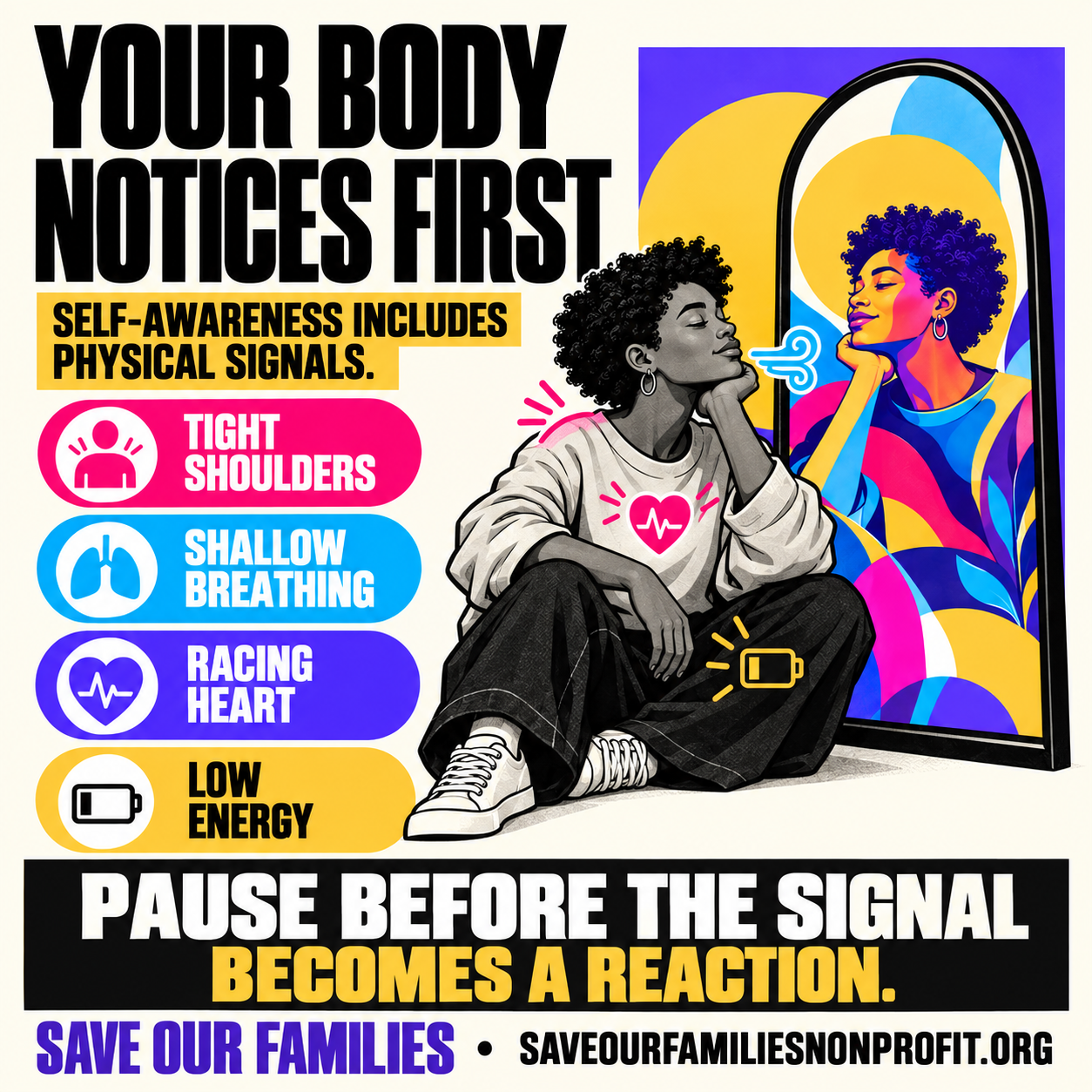 First: Illustrated Black woman seated beside a colorful mirror. Icons identify physical signals of stress, including tight shoulders, shallow breathing, a racing heart, and low energy.