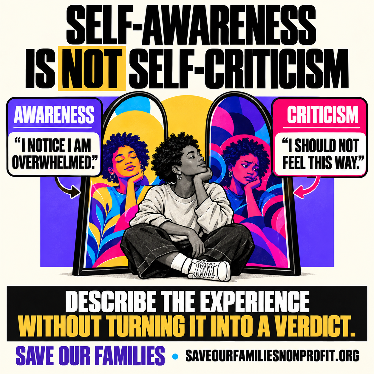 Illustrated Black woman seated between two mirrors. One side models compassionate awareness, while the other shows judgmental self-criticism.
