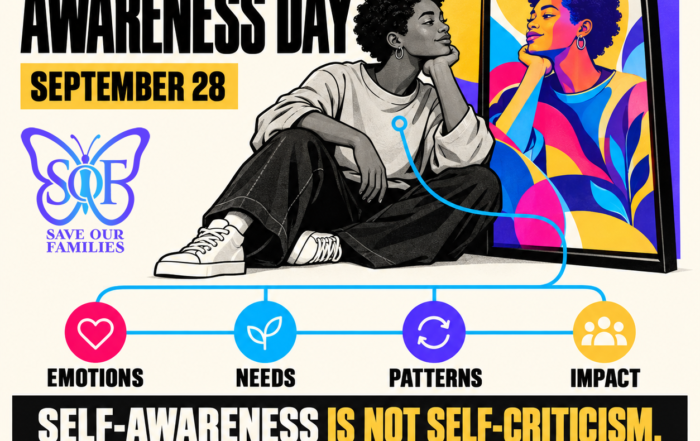 Illustrated Black adult seated beside an arched mirror with a colorful reflection. Text reads “National Self-Awareness Day, September 28” and highlights emotions, needs, patterns, and impact.