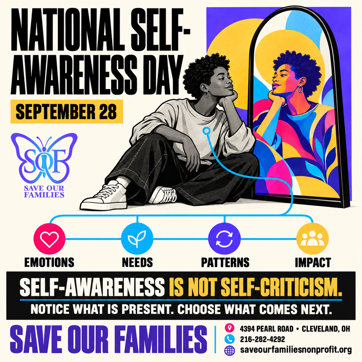 Illustrated Black adult seated beside an arched mirror with a colorful reflection. Text reads “National Self-Awareness Day, September 28” and highlights emotions, needs, patterns, and impact.