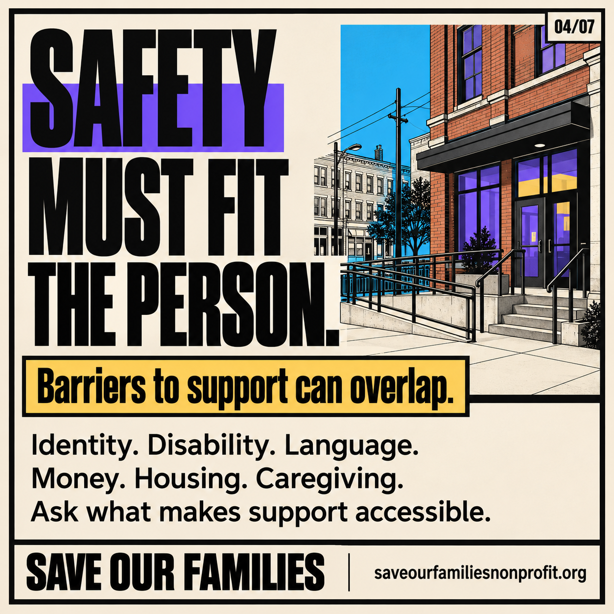 Illustrated brick community building with steps and an access ramp. Text describes overlapping barriers involving identity, disability, language, money, housing, and caregiving, and encourages asking what makes support accessible.