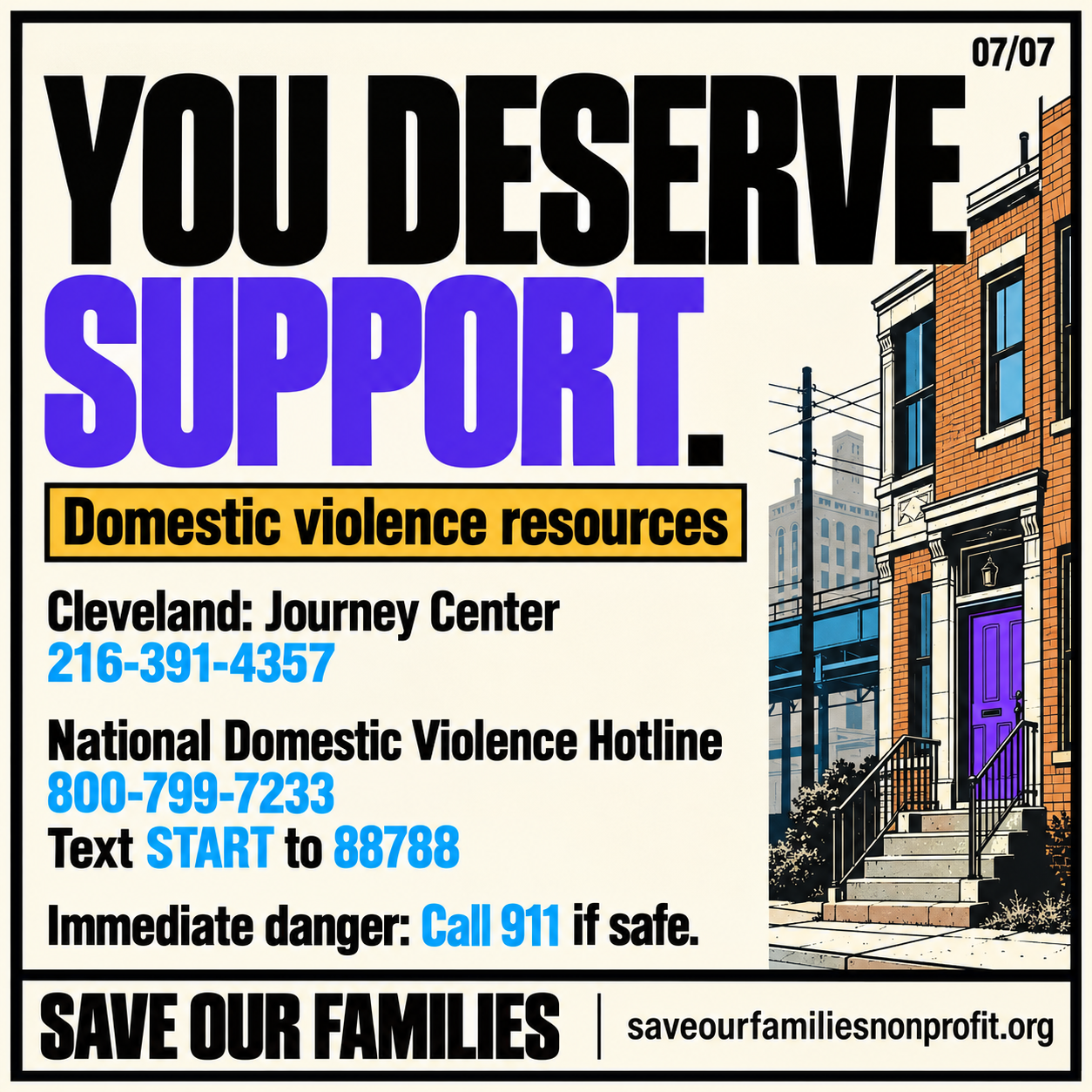 Illustrated brick building with a purple doorway beside domestic violence resources. Journey Center: 216-391-4357. National Domestic Violence Hotline: 800-799-7233. Text START to 88788. For immediate danger, call 911 if safe.