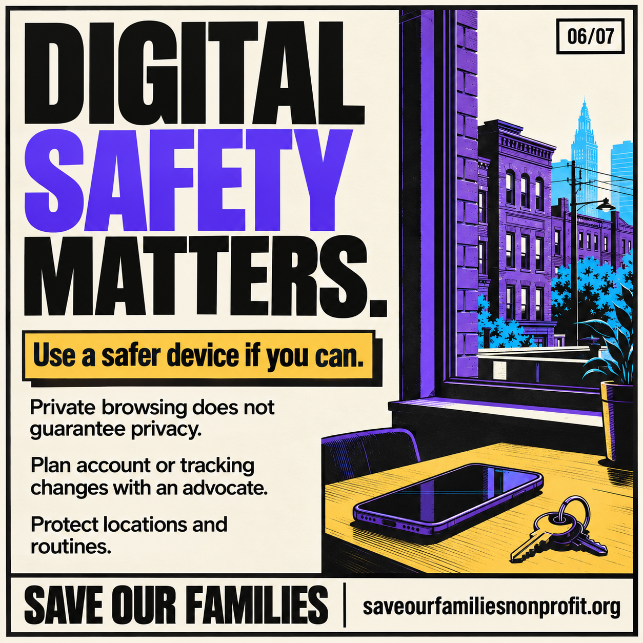 Phone and keys on a table beside a window overlooking city buildings. Text recommends using a safer device when possible, warns that private browsing does not guarantee privacy, and advises planning account or tracking changes with an advocate.