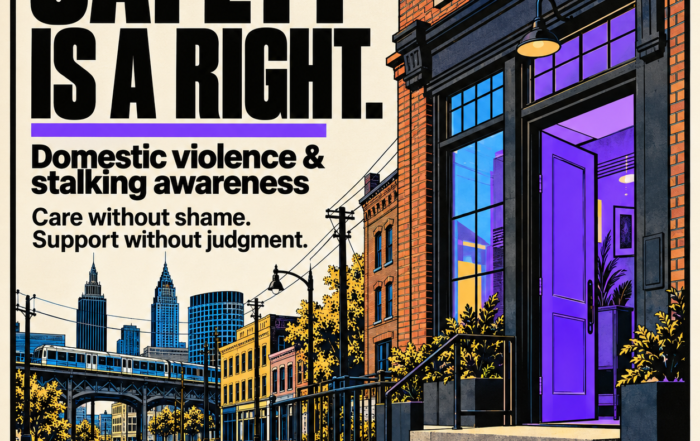 Urban-style illustration of a brick storefront with a purple-lit doorway and city skyline. Text introduces domestic violence and stalking awareness: “Care without shame. Support without judgment.” Save Our Families branding appears below.