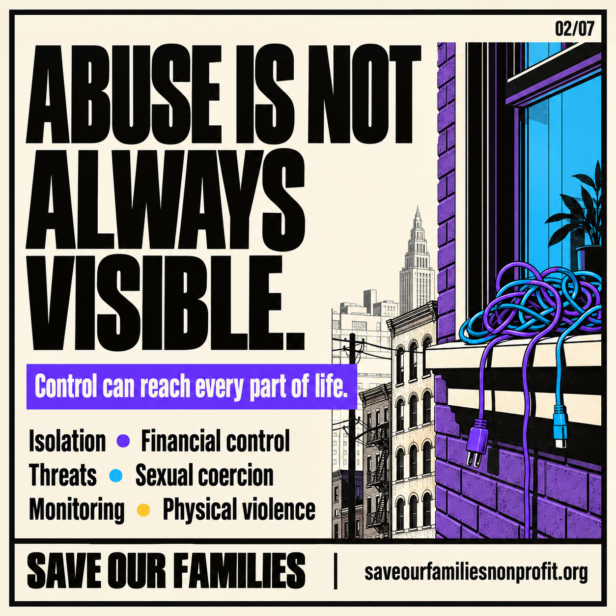 Tangled purple and blue cords rest on an apartment windowsill overlooking city buildings. Text identifies isolation, financial control, threats, sexual coercion, monitoring, and physical violence as forms of abuse.